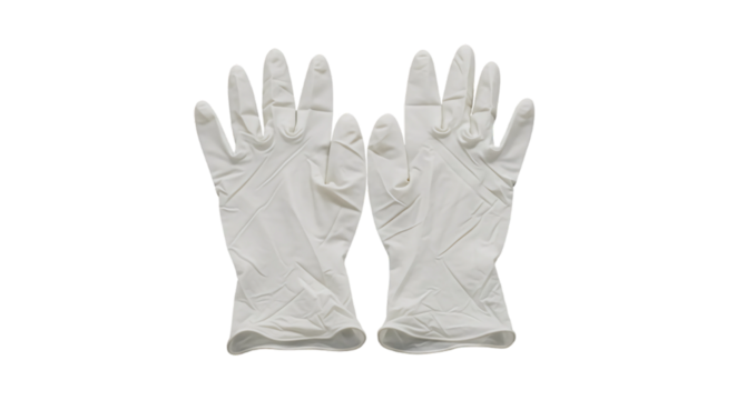 Two white latex gloves isolated on a white background.