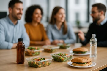 A diverse group of four colleagues enjoys a team lunch, with containers of salads and sandwiches on the table, symbolizing teamwork, breaktime, and healthy eating in the office.