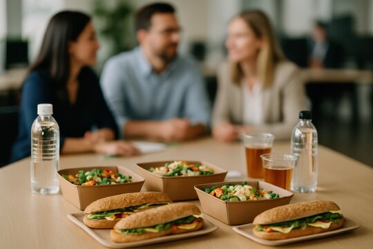 A diverse group of four colleagues enjoys a team lunch, with containers of salads and sandwiches on the table, symbolizing teamwork, breaktime, and healthy eating in the office.