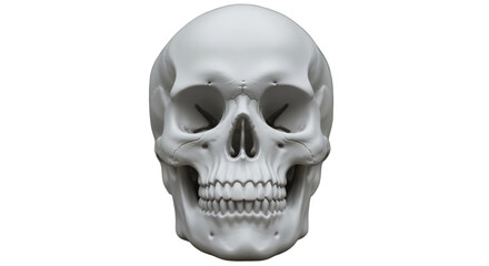 A realistic, detailed 3D render of a human skull, viewed from the front, against a pure white background.