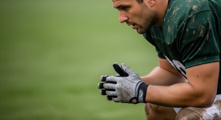 A mud-splattered football player in a green jersey sits and rests on the green field, with his gloved hands clasped, showing a moment of pause, exhaustion, and intensity after a tough game.