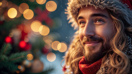 Merry Christmas scene, portrait man with long hair and beard,  subtle film grain, warm golden lighting, shallow depth, rich colors, festive, intricate, vibrant, holiday atmosphere generative AI