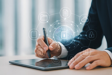 Professional hand using stylus on digital tablet with global data lock icons symbolizing cyber security and information access