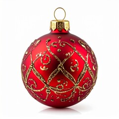 Red Christmas Ornament with Golden Glitter Pattern on White Background
