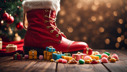 Red Santa boot, filled with gifts and sweets, warm lighting, cozy festive background, abundance, generosity, joyful, holiday spirit gemeratove AI