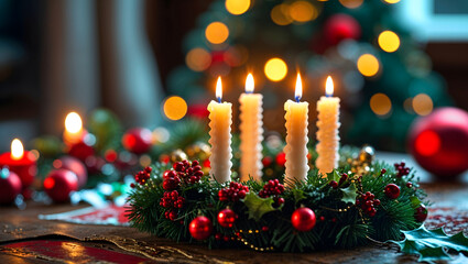 Traditional Advent wreath with glowing candles, evergreens, holly, golden light, festive warmth, shallow depth, intimate cozy Christmas atmosphere generative AI