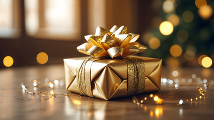 Beautifully wrapped gift, gold accents, delicate bow, warm lighting, symbolic of Wise Men, love, giving, elegant, timeless, festive, shallow depth, cozy atmosphere generative AI