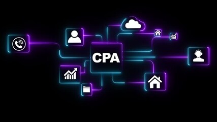 Glowing neon ,CPA cloud network connecting business growth on black background .handshake communication technology and team collaboration with cybersecurity threat icon. 4k video animation ,