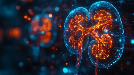 Futuristic Glowing Kidney Anatomy Illustration  Medical Background.