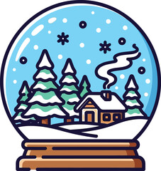 Charming winter scene inside a snow globe with a cozy cabin and snowcovered trees