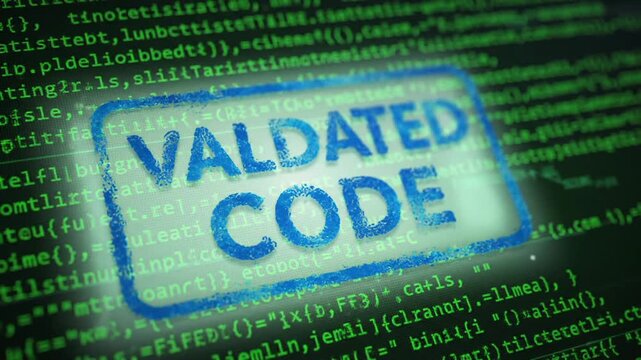 Validated code stamp on digital data background demonstrating accuracy