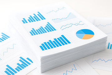 Stack of financial documents with charts and graphs representing business report accounting investment analysis and statistical research