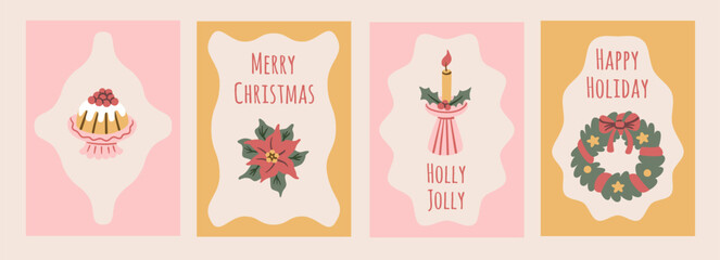 Set of four cute Christmas and New Year greeting cards. Hand-drawn doodle illustrations of a wreath, poinsettia, candle, and festive holiday cake.