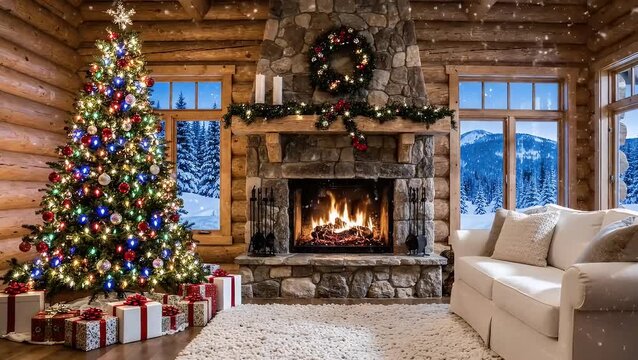 Cozy log cabin living room with a decorated Christmas tree and a warm fireplace on a snowy winter evening