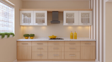 This modern minimalist kitchen showcases a clean and functional layout with light wood cabinets and bright accents. Natural light floods the space, enhancing its inviting atmosphere