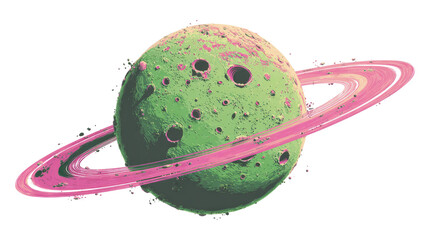 A cartoon planet with green cratered surface and pink ring floating in colorful cosmic space style on white background