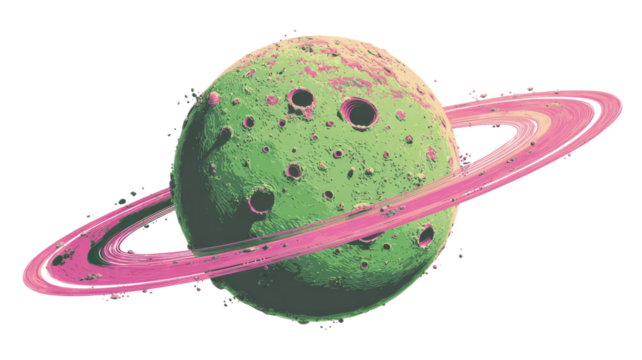 A cartoon planet with green cratered surface and pink ring floating in colorful cosmic space style on white background - Powered by Adobe