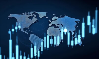 Global financial market data visualization with a digital world map and candlestick charts showing economic trends and investment performance - Powered by Adobe