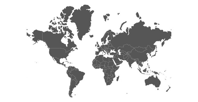Minimal world map vector graphic showing simplified continents and global layout, flat neutral design suitable for corporate presentations, educational materials, infographics and international commun