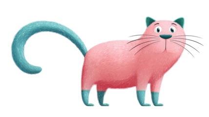 A cartoon cat with pink body blue tail and green whiskers standing in playful colorful style on white background