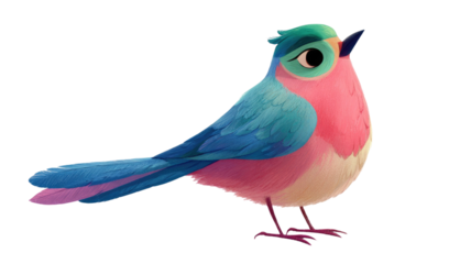 A cartoon bird with pink and light pink wings and body shown in cute playful style on white background