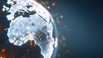 Globe glowing network with illuminated connection points across continents creating futuristic digital map and data flow visualization of global connectivity and technology