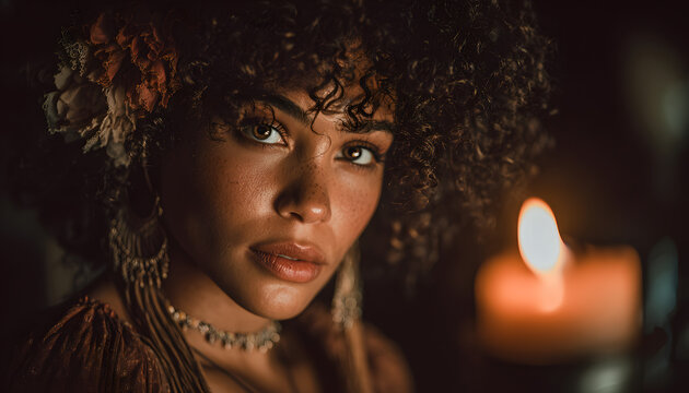 Woman poses in low light. Attractive model with intense gaze has flower bracelet. Girl with curly hairs looks at candle fire. Moody beauty studio portrait on dark backdrop. Mysterious light indoors