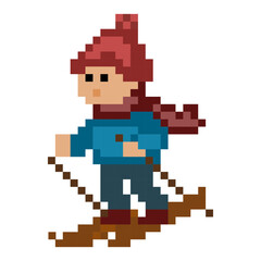 Fototapeta premium Girl Skiing in Winter Pixel Art