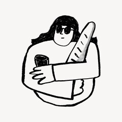 Naklejka na ściany i meble Woman hugging baguette, Parisian lifestyle doodle