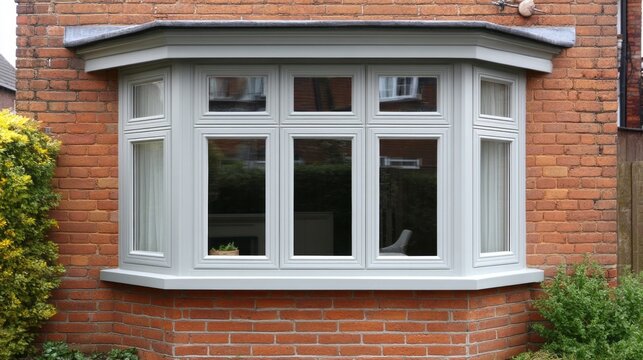 Modern grey PVC windows are elegantly installed on a classic brick house, blending contemporary design with traditional architecture. The vibrant surroundings add to the inviting charm