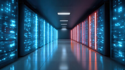 AI-powered search concept. A futuristic server room illuminated by blue and red lights, showcasing rows of sleek servers against a modern, minimalist backdrop.
