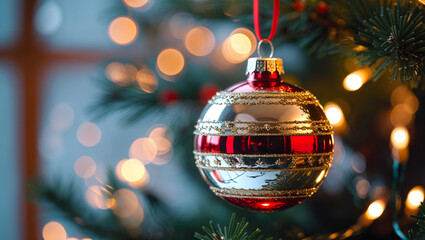 Christmas ball ornament, intricate details, reflective surface, red gold silver, shallow depth, blurred tree, twinkling lights, cozy, festive, magical atmosphere generative AI