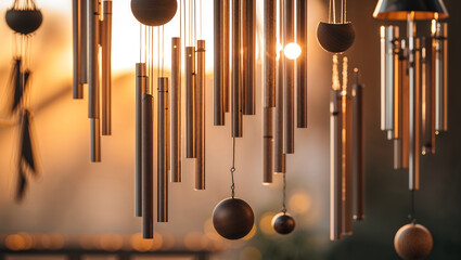 Wind chimes, metallic and wooden, warm sunlight, soft movement, melodic sounds, shallow depth, earthy tones, serene, peaceful, festive, textured, tranquil atmosphere generative AI