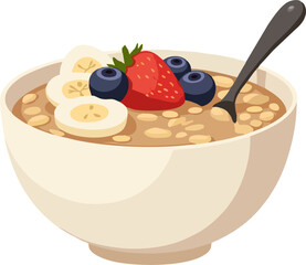 Minimal Oatmeal Bowl Vector with Banana, Blueberry, Strawberry, Healthy Breakfast Flat Illustration