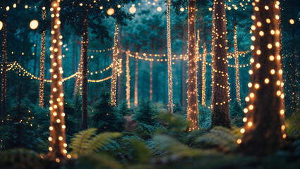 Magical forest, tall Christmas trees, glowing string lights, twinkling fairy lights, lush greenery, shallow depth, golden hour glow, vibrant, enchanting, wondrous atmosphere generative AI
