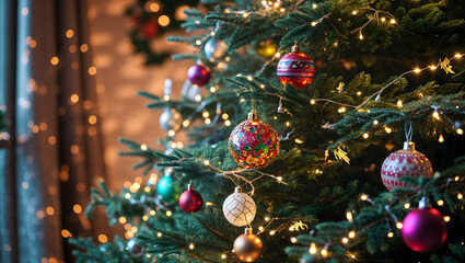 Decorated Christmas tree, sparkling lights, colorful ornaments, warm cozy background, shallow depth, vibrant colors, textures, festive, joyful, magical holiday atmosphere. generative AI