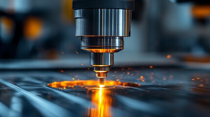 Laser cutting machine in action with industrial manufacturing process.