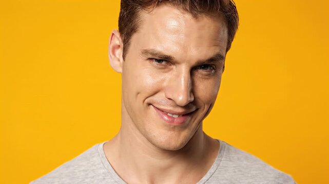 A man smiles with dimples, against a bright yellow background. He's wearing a gray shirt