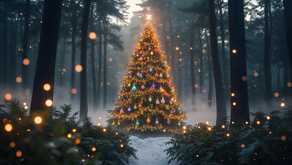 Mystical forest, misty atmosphere, majestic Christmas tree with glowing lights, fireflies, snow-covered ground, enchanting, serene, festive, magical generative AI