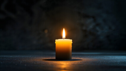 Solitary candle, warm golden glow, light and hope, dark textured background, shallow depth, soft focus, dramatic, serene, contemplative, central composition generative AI