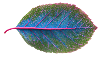 A bright green leaf with pink veins outlined in blue showing vivid natural texture and colorful contrast on white background