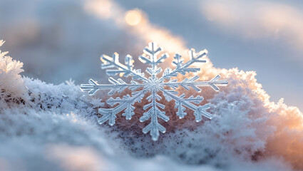 Snowflake, delicate ice crystal, intricate patterns, winter beauty, shallow depth, soft light, serene background, symmetry, fragile, unique, warm and cool tones generative AI