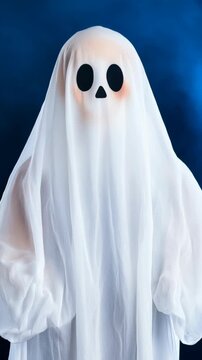 A ghostly figure with a skull on its face stands in front of a blue background. The ghostly figure is wearing a white sheet and he is looking at the camera. Scene is eerie and spooky