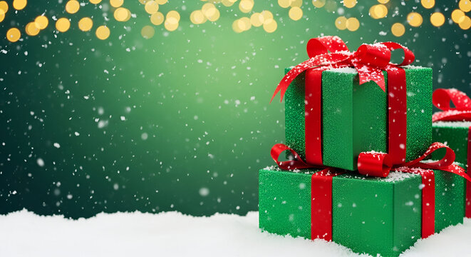 Green background with red gifts Vibrant Green Background with Red Wrapped Gifts and Bokeh Clipart Illustration