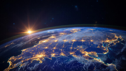 Obraz premium Sunrise over earths horizon with city lights glowing satellite