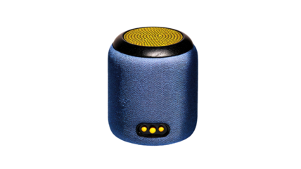 A blue cylindrical speaker with black grill and yellow button showing modern audio technology design on white background