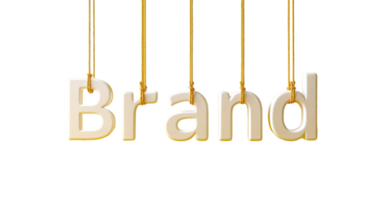 A 3D white brand text hanging on strings over yellow background representing marketing identity and promotion on white background