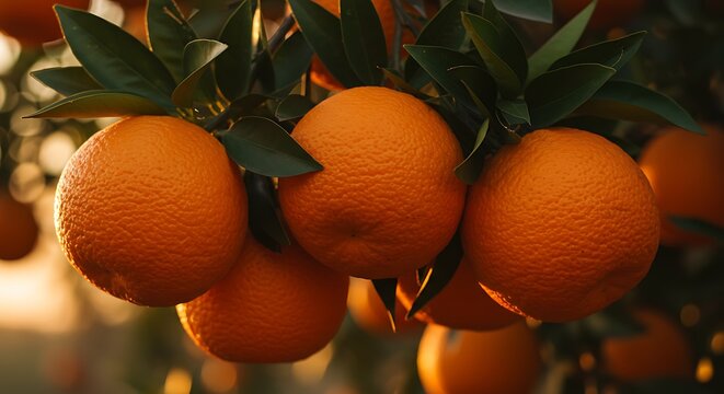 Close up of ripe oranges hanging on a tree branch with green leaves