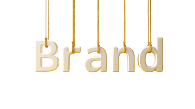 A 3D white brand text hanging on strings over yellow background representing marketing identity and promotion on white background