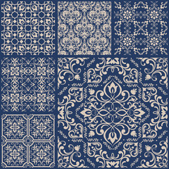 Vintage patchwork from seamless damask tiles. Collection patterns in Eastern style. Vintage grunge fabric decor. Seamless carpet. Original traditional Portuguese and Spain decor. Vector illustration